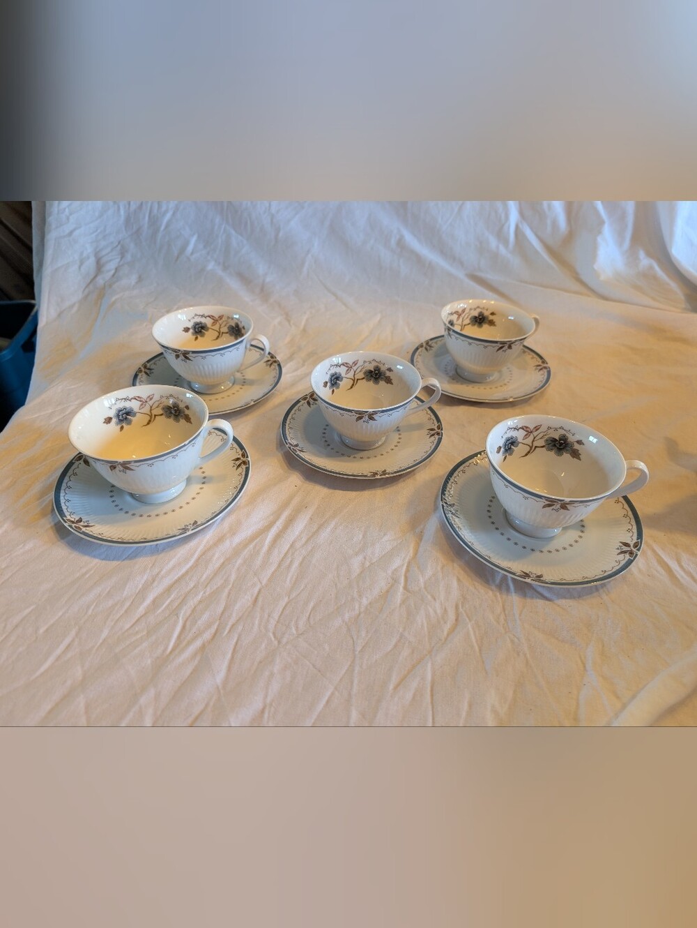 2/100$ Royal Doulton White Porcelain Tea Cups and Saucers with Gray Floral Motif